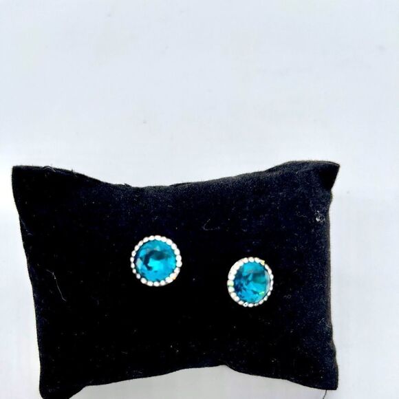Blue Crystal Stud Earrings w/ Rhinestones - Picture 2 of 2